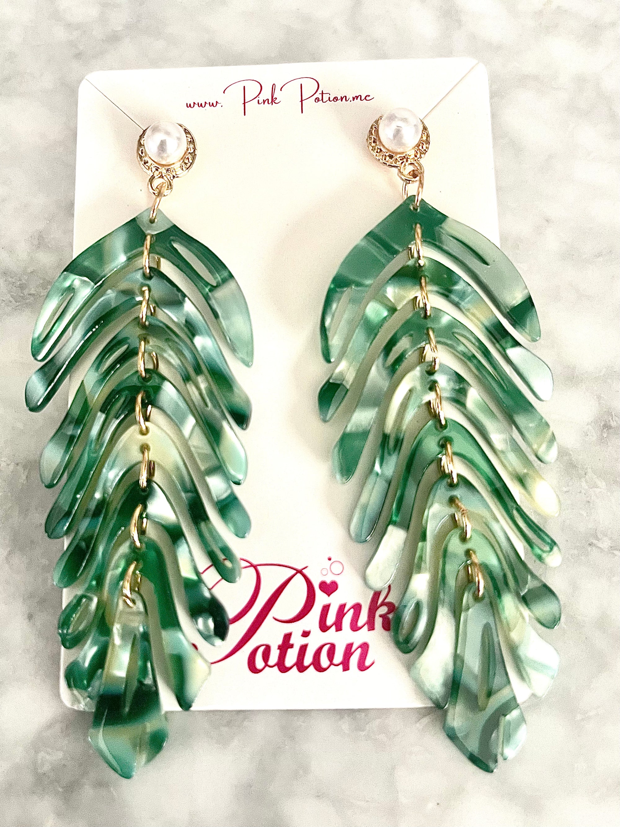 Drop earrings - Green acrylic marble leaf