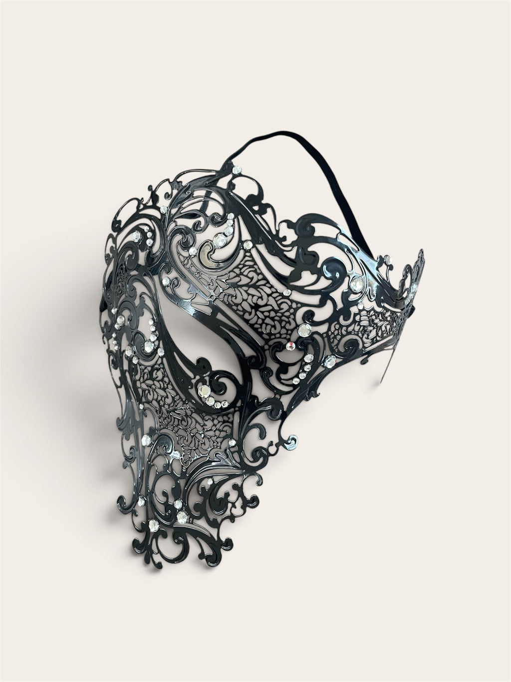 Black Masquerade Mask with Clear Stones – Laser Cut Metal Half Face Mask